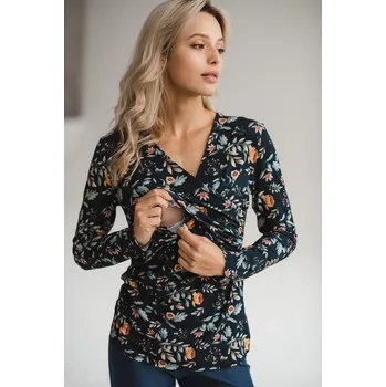 Těhotenské a kojicí tričko Milk Bar – tmavě modré, barevný vzor, dlouhý rukáv Velikost: L