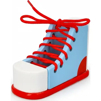 Dřevěná hračka DŘEVĚNÁ BOTKA PRO VÝUKU ZAVAZOVÁNÍ TKANIČEK DŘEVĚNÁ ŠŇUROVAČKA HRAČKA VZDĚLÁVACÍ