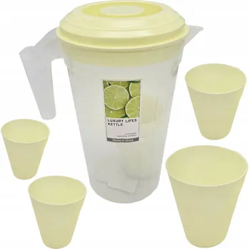 PLASTOVÝ DŽBÁN S SÍTKEM + 4 KELÍMKY SADA NA NÁPOJE VODU ŠŤÁVY 2,4L