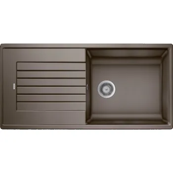 Granitový dřez Tento dřez má moderní design s jasnými liniemi a rovným vnějším obrysem zvýrazněným úzkým okrajem, který umocňuje jeho elegantní vzhled. Charakteristická vodovodní lišta rámuje a zvětšuje odkapávač, zatímco XL mísa nabízí dostatek prostoru pro mytí nádobí