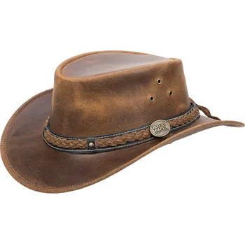 Klobouk Scippis Australský kožený klobouk BARRINGTON– hnědý vintage s pleteným páskem Velikost: 55 cm (S)