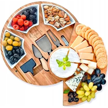 Kuchyňské prkénko Dřevěné prkénko na sýry a uzeniny s miskami a noži