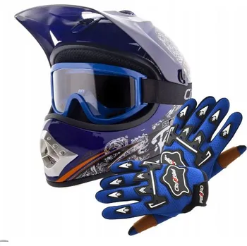 Helma na motorku ATV dětský motocross set: modrá helma L (57–58 cm), rukavice a brýle (Výhodné atv moto sety)