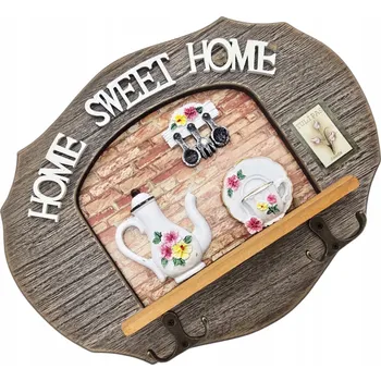 Věšák OZDOBNÝ VĚŠÁK NA KLÍČE, OBLEČENÍ HOME SWEET HOME RUSTIKÁLNÍ 27x21 CM