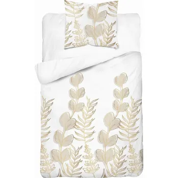 Povlečení Povlečení saténové 140x200 Bílé se zlato-béžovými listy - elegantní vzor