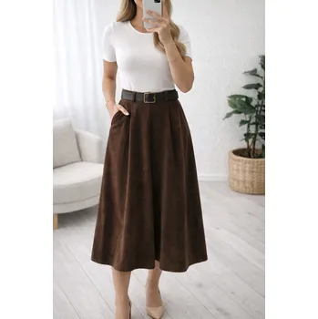 Dámská sukně Sukně Margo čokoládová s páskem – podzimní midi M