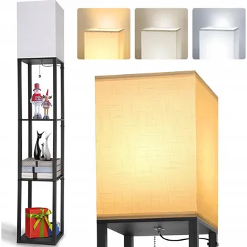 Stojací lampa STOJACÍ LED LAMPA DŘEVĚNÁ S 3 POLICEMI ČERNÁ