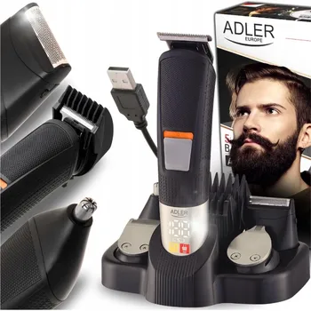 Zastřihovač vlasů a vousů Adler 5v1 s LED displejem a akumulátorovým provozem