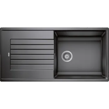 Granitový dřez Tento dřez má moderní design s jasnými liniemi a rovným vnějším obrysem zvýrazněným úzkým okrajem, který umocňuje jeho elegantní vzhled. Charakteristická vodovodní lišta rámuje a zvětšuje odkapávač, zatímco XL mísa nabízí dostatek prostoru pro mytí nádobí