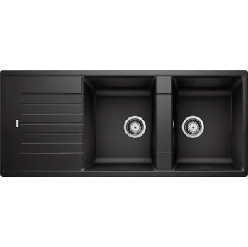 Granitový dřez Tento moderní dřez s dvojitou mísou má čistý, rovný design s úzkým okrajem, který zdůrazňuje jeho vnější obrys, a charakteristickou odtokovou lištu, která opticky zvětšuje odkapávač. Nabízí prostornou plochu pro kuchyňské práce a jeho klasické uspořádání 