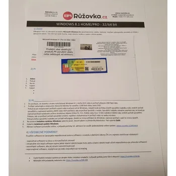Operační systém Microsoft Windows 8.1 Pro CZ 32bit / 64bit, Software Certifikát pravosti MICROSOFT 4YR-00178