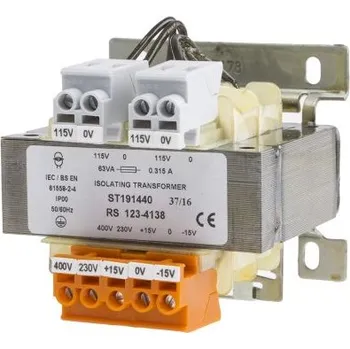 Transformátor Transformátor na lištu DIN 63VA, primární napětí: 230 → 400V ac, sekundární napětí: 115V, Lišta DIN
