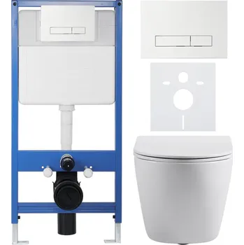 WC sada CERANO - Kompletní podomítkový WC set Lite/Cesso - bílá lesklá - WC tlačítko Slim, bílé - předstěnová instalace/sádrokarton - 49x36 cm