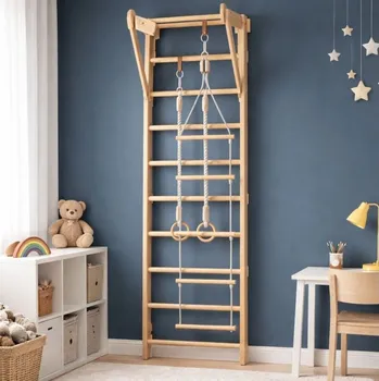 Dětské dřevěné žebřiny s hrazdou, kruhy, provazovým žebříkem