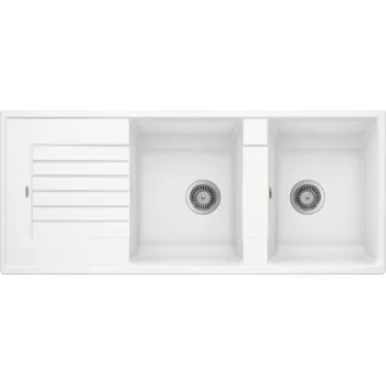 Granitový dřez Tento moderní dřez s dvojitou mísou má čistý, rovný design s úzkým okrajem, který zdůrazňuje jeho vnější obrys, a charakteristickou odtokovou lištu, která opticky zvětšuje odkapávač. Nabízí prostornou plochu pro kuchyňské práce a jeho klasické uspořádání 