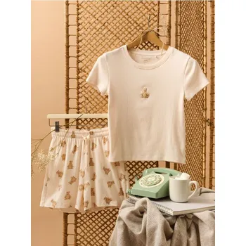 Dámské noční prádlo Sinsay - Dvoudílné bavlněné pyžamo - krémová - 212FM-01X - 212FM-01X-XS