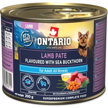 Krmivo pro psa Konzerva Ontario Adult jehněčí pate s příchutí rakytníku 200g