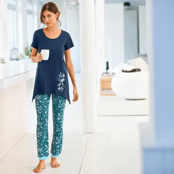 Dámské pyžamo Pyžamové kalhoty s potiskem květin smaragdová 50