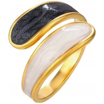 Prsten Módní Zlatý Dámský Prsten Černý Bílý Smaltovaný OCEL