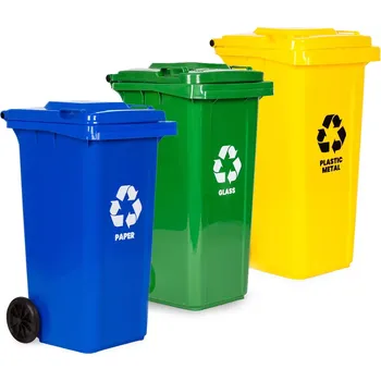 Odpadkový koš Sada 3 třídicích košů na odpad 3×120 l – modrý papír, zelené sklo, žlutý plast/kov s gumovými koly
