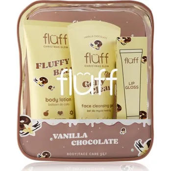 Přípravek na čištění pleti a oči Fluff Christmas Glow Fluff Vanilla Chocolate tělové mléko s hydratačním účinkem 100 ml + Fluff Vanilla Chocolate čisticí gel na obličej 75 ml + Fluff Vanilla Chocolate lesk na rty s hydratačním účinkem 12 ml