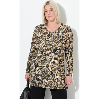 Dámské tričko Ulla Popken, Plus size Dlouhé tričko, kašmírový vzor, A střih, výstřih do V, dlouhé rukávy pro plnoštíhlé nadměrná velikost, 844636100-1131, černý, 54/56, Nadměrné velikosti, Plus size oblečení, Oblečení pro boubelky, Oblečení pro baculky, Oblečení pro pl