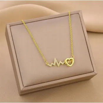 Náhrdelník Zlatý Náhrdelník Srdce Zirkony Puls Dámský Ocel Ušlechtilá jako Dárek