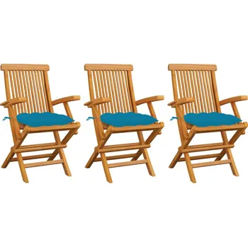 Zahradní židle se světle modrými poduškami 3 ks masivní teak - 8720286264577