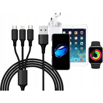 Datový kabel Univerzální kabel 3v1 černý hladký 1,15m USB-C MicroUSB Lightning Rychlé Nabíjení