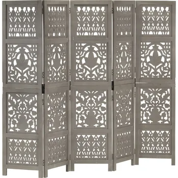 Paraván Ručně vyřezávaný 5dílný paraván šedý 200 x 165 cm mangovník - 8719883818009