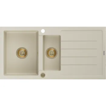 Granitový dřez Mexen Andres, granitový dřez 1000x500x200 mm, 1,5-komorový, béžová se zlatým sifonem, 6515101510-69-G