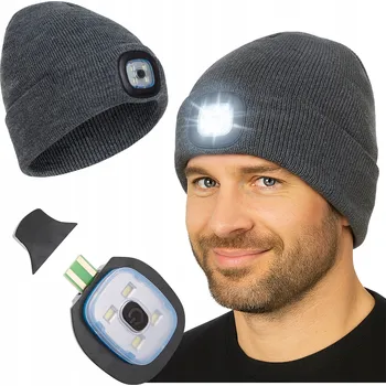 Čepice Zimní Čepice s LED svítilnou, pracovní čelovka na běhání - šedá