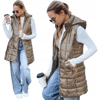 Dámské oblečení Dámská dlouhá prošívaná vesta s kapucí zlatá TY5258 - S