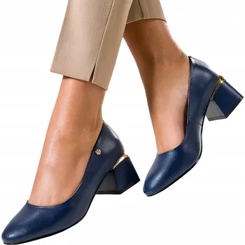 Dámské lodičky DÁMSKÉ TMAVĚ MODRÉ KOŽENÉ LODIČKY NA OZDOBNÉM BLOKOVÉM PODPATKU SE ZLATÝM ZDOBENÍM vel. 38