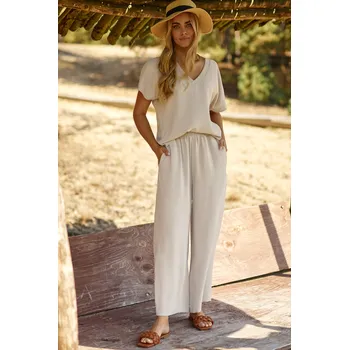 Dámský set se širokými kalhotami M831 Barva: Béžová, Velikost: S/M