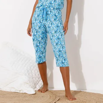 Dámské pyžamo 3/4 pyžamové kalhoty s potiskem okvětních lístků modrá/režná 54