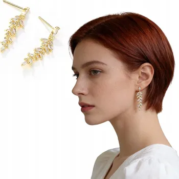 Náušnice Zlaté Náušnice s visacími listy, drobnými zirkony křišťály