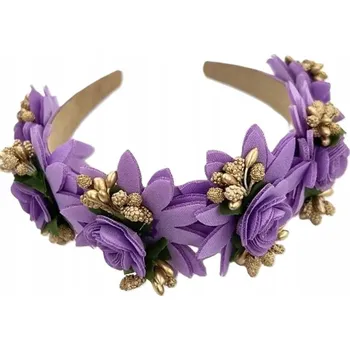 Čelenka Opaska wianek na głowę kwiaty fiolet Fialová květinová čelenka do vlasů - lilie, zlaté detaily