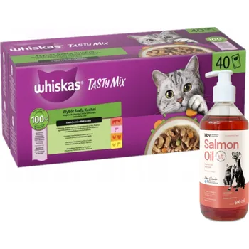 Krmivo pro kočku WHISKAS TASTY MIX mokré krmivo pro kočky Výběr šéfkuchaře v omáčce 40x85g + Lab-v Lososový olej 500 ml