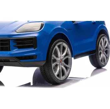 Dětské elektrovozidlo Elektrické autíčko Beneo Porsche Cayenne 12V s pohonem zadních kol a licencí (Jednomístné), modré, Lithiová baterie, široké sedátko, Odpružené nápravy, 2,4 GHz Dálkový ovladač, MP3 přehrávač se vstupem USB/AUX, LED světla