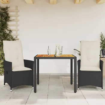 Zahradní sestava 3dílný bistro set s poduškami černý polyratan a akácie - 8721102484056