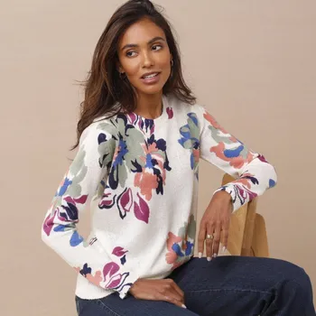 Dámský svetr Pulovr s potiskem květin režná/zelená 52