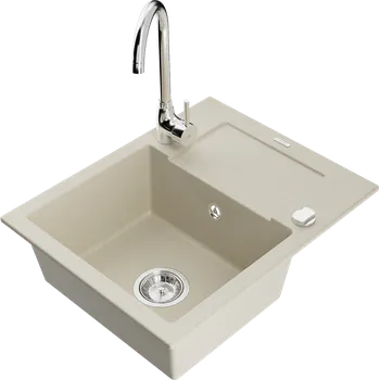 Granitový dřez Mexen Enzo, granitový dřez 576x465x174 mm, 1-komorový, chromová baterie Telma, béžová, 6506-69-670200-00