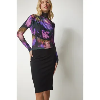 Dámská halenka Štěstí Istanbul Dámská Fialovo-Černá Drapovaná Stojací Písečná Halenka Happiness İstanbul černá 2481226