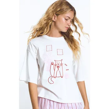 Dámské oblečení Reserved - Dvoudílná pyžamová souprava s&nbsp;potiskem kočky - růžová - 053HQ-30X - 053HQ-30X-S