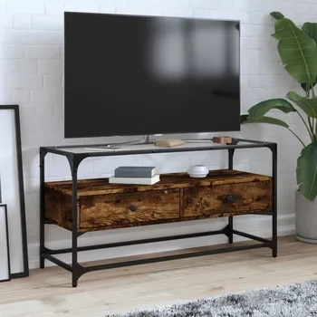 Televizní stolek TV skříňka se skleněnou deskou kouřový dub 98x35x51 cm kompozit - 8721102638312