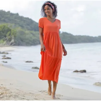 Dámské šaty Kreponové jednobarevné midi šaty s výstřihem do V oranžová 50