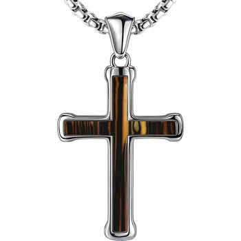 Náhrdelník Stříbrný náhrdelník křížek stylizovaný do dřeva, hypoalergenní ocel 316L