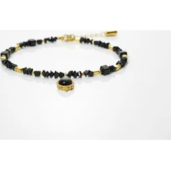 Náramek Náramek s borůvkami, Křišťály černý a zlatý přívěsek z chirurgické Ocel