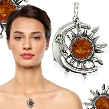 Přívěsek Přívěsek stříbrný PŘÍVĚSEK s jantarem měsíc se sluncem